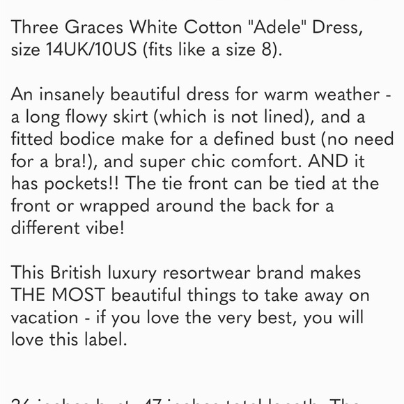 Three Graces White Cotton “Adele” Dress. Size 14 UK (10 U.S.) - Picture 7 of 7